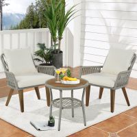 Patio 3-Piece Bistro Set Woven-Rope Conversation Set with Wood Tabletop and Cushions for Balcony, Gray Rope+Beige Fabric