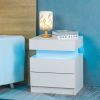 Modern White Nightstand with LED Light 2 Drawers Flipping Top Storage Bedroom Furniture bedside table
