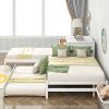 L-Shaped Full Size and Twin Size Platform Beds with Twin Size Trundle and Drawer Linked with Built-in Rectangle Table; White