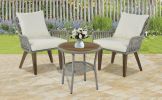 Patio 3-Piece Bistro Set Woven-Rope Conversation Set with Wood Tabletop and Cushions for Balcony, Gray Rope+Beige Fabric