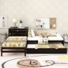 L-Shaped Full Size and Twin Size Platform Beds with Twin Size Trundle and Drawer Linked with Built-in Rectangle Table; Espresso